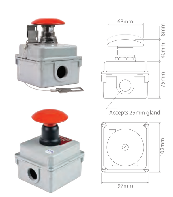 Heavy Duty Emergency Stop 75mm Enclosure Push/Pull Lockable (N/O & N/C ...